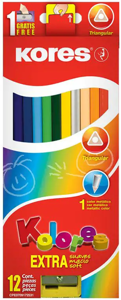 Spalvoti trikampiai pieštukai KORES KOLORES, 12 spalvų su drožtuku