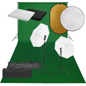 Fotostudijos rinkinys su šviestuvais, fonu ir reflektoriumi