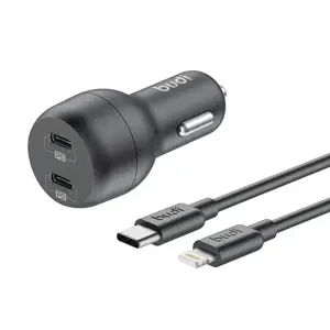 "Budi" automobilinis įkroviklis, 2x USB-C, 40 W, PD + USB-C-Lightning kabelis (juodas)