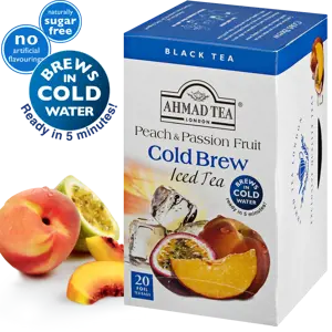 Šaltoji juodoji arbata AHMAD Peach & Passion Fruit, 20 folijos pakelių
