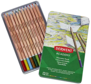 Akvarelinių pieštukų rinkinys Derwent Academy, 12 spalvų, metalinėje dėžutėje