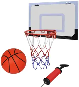 Mini krepšinio lankas su lenta, kamuoliu ir pompa, žaidimui patalpose