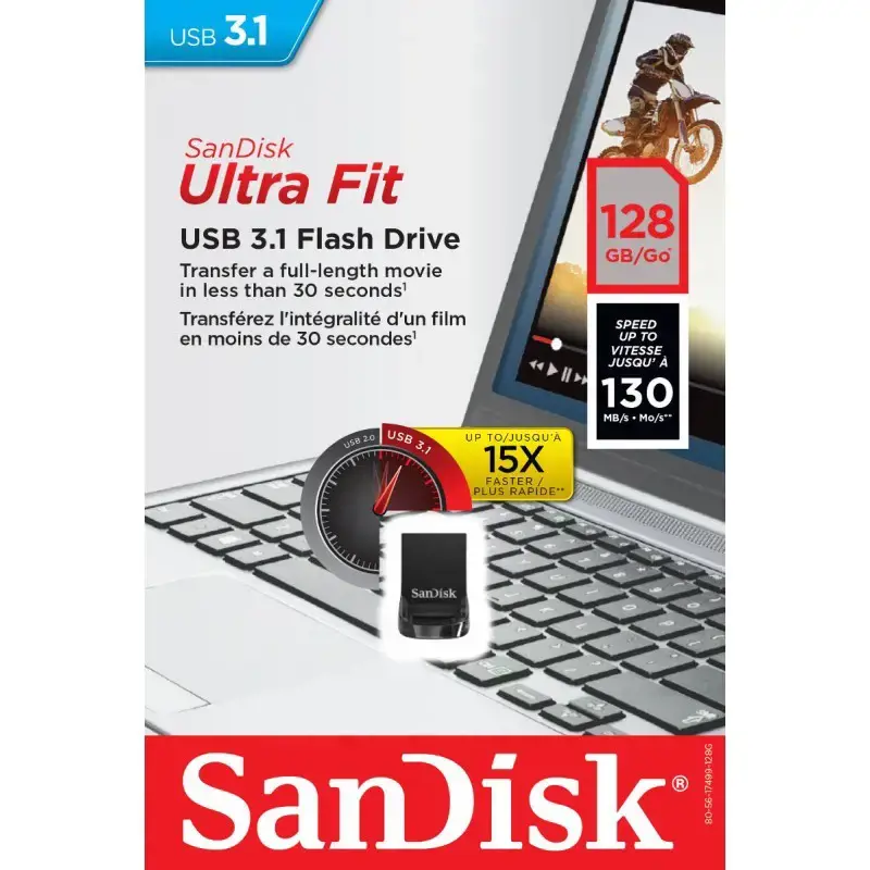 "SanDisk Ultra Fit" 128 GB, USB 3.1 - mažo formato "Plug & Stay" didelės spartos USB diskas; EAN:619659163761