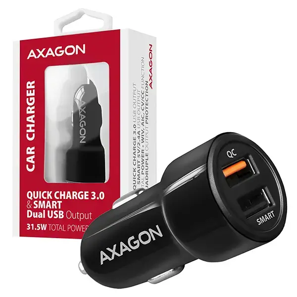 AXAGON PWC-QC5 automobilinis įkroviklis Smart 5V 2,4A + QC3.0, 30W, juodas