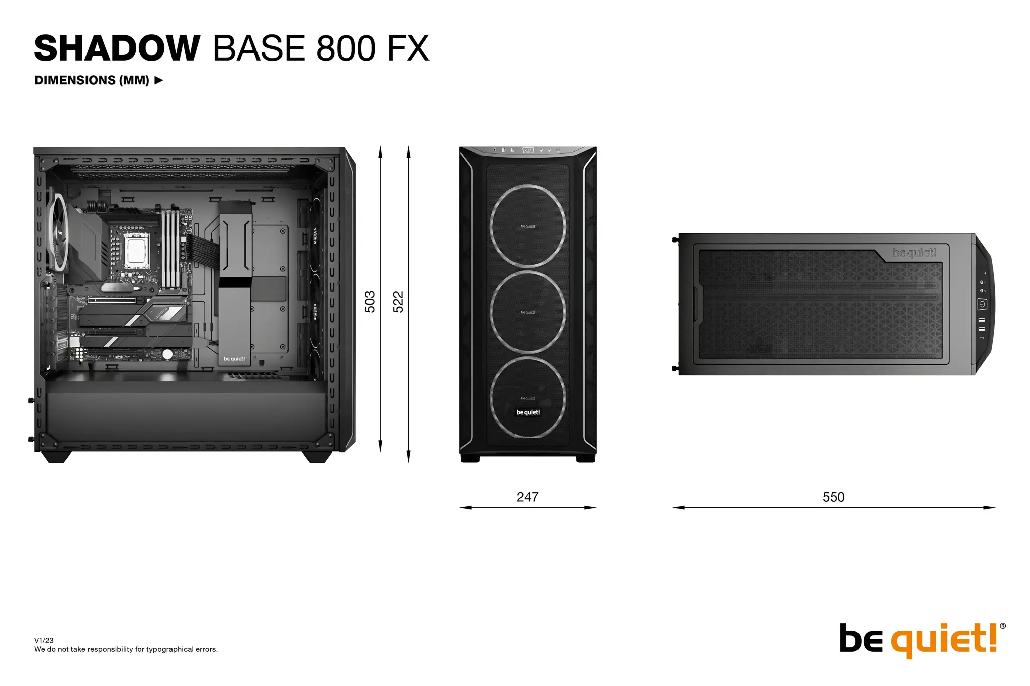 be quiet! Shadow Base 800 FX Black, Midi Tower, PC, Black, ATX, EATX, micro ATX, Mini-ITX, Acrylonitrile butadiene styrene (ABS), Steel, Tempered glass, Multi