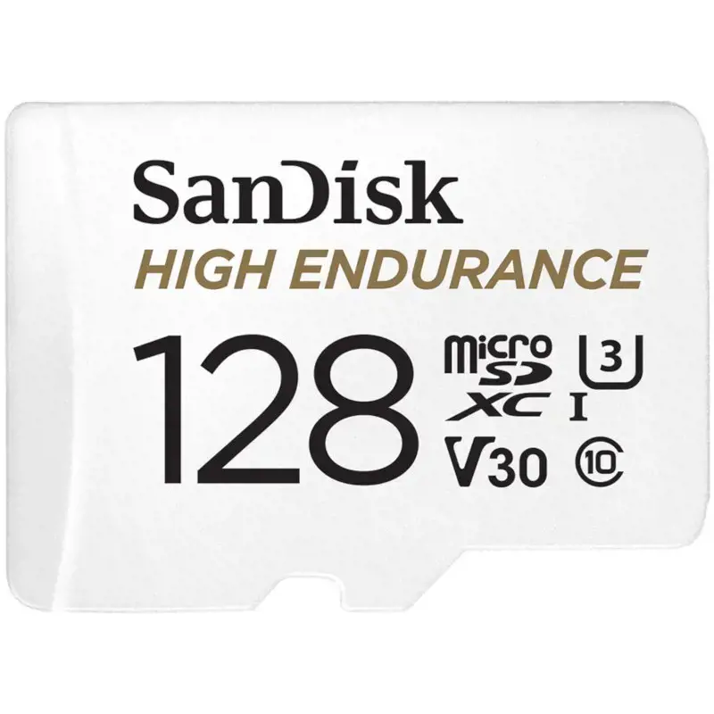 "SanDisk High Endurance microSDXC" 128 GB + SD adapteris - skirtas automobilinėms kameroms ir namų stebėjimui, iki 10 000 valandų, "Full HD" / 4K vaizdo įrašai, iki 100/40 MB/s skaitymo / rašymo greitis, C10, U3, V30; EAN:619659173104