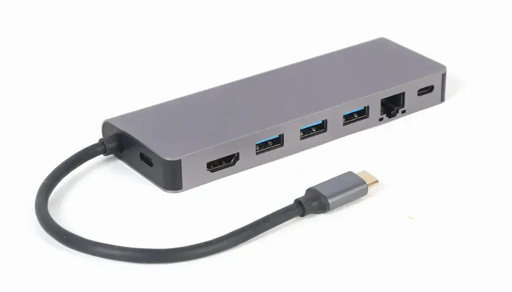 GEMBIRD A-CM-COMBO5-05 kelių prievadų adapteris USB tipo C 5in1 šakotuvas + HDMI + PD + kortelių skaitytuvas + LAN