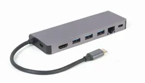GEMBIRD A-CM-COMBO5-05 kelių prievadų adapteris USB tipo C 5in1 šakotuvas + HDMI + PD + kortelių skaitytuvas + LAN