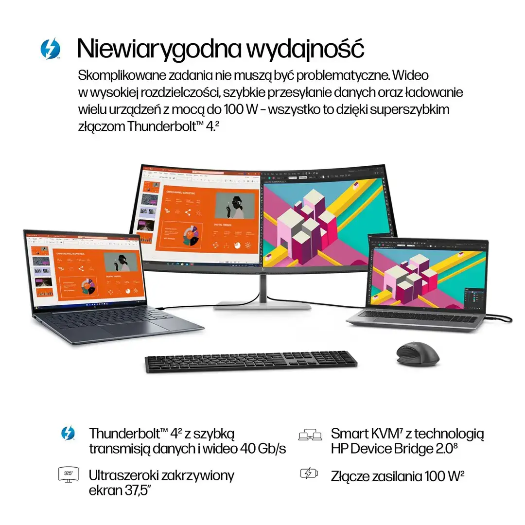 HP 738pu Series 7 Pro Curved TB4 Charging Monitor - 37.5" 3840x1600 WQHD+ 400-nit 60Hz AG, Curved, IPS Black HDR 400, USB-C(100W/65W/15W)/HDMI/ DP Daisy-Chain, 5x USB-A, speakers, RJ-45 LAN, height adjustable/tilt/swivel, 3 years (Z38c)
