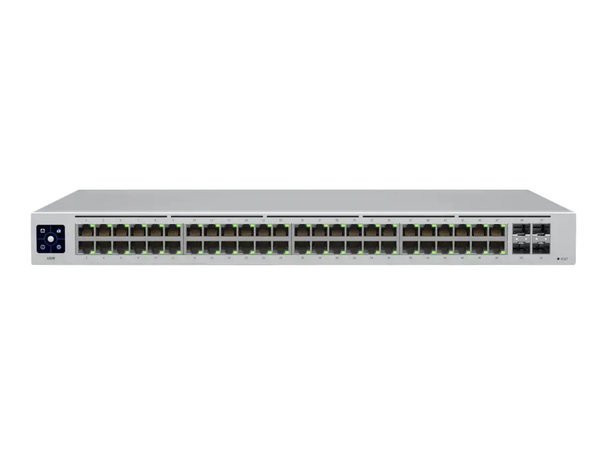 "UniFi Switch 48" yra visiškai valdomas 2 lygmens komutatorius su 48 Gigabit Ethernet prievadais ir 4 1G SFP prievadais šviesolaidiniam ryšiui.