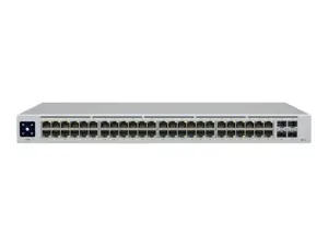 "UniFi Switch 48" yra visiškai valdomas 2 lygmens komutatorius su 48 Gigabit Ethernet prievadais ir 4 1G SFP prievadais šviesolaidiniam ryšiui.