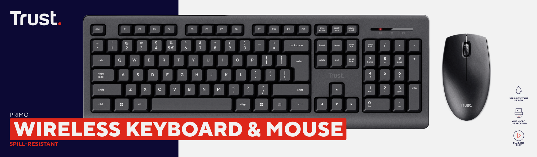 Trust Primo, Wireless, RF Wireless, Membrane, QWERTY, Black, Mouse included