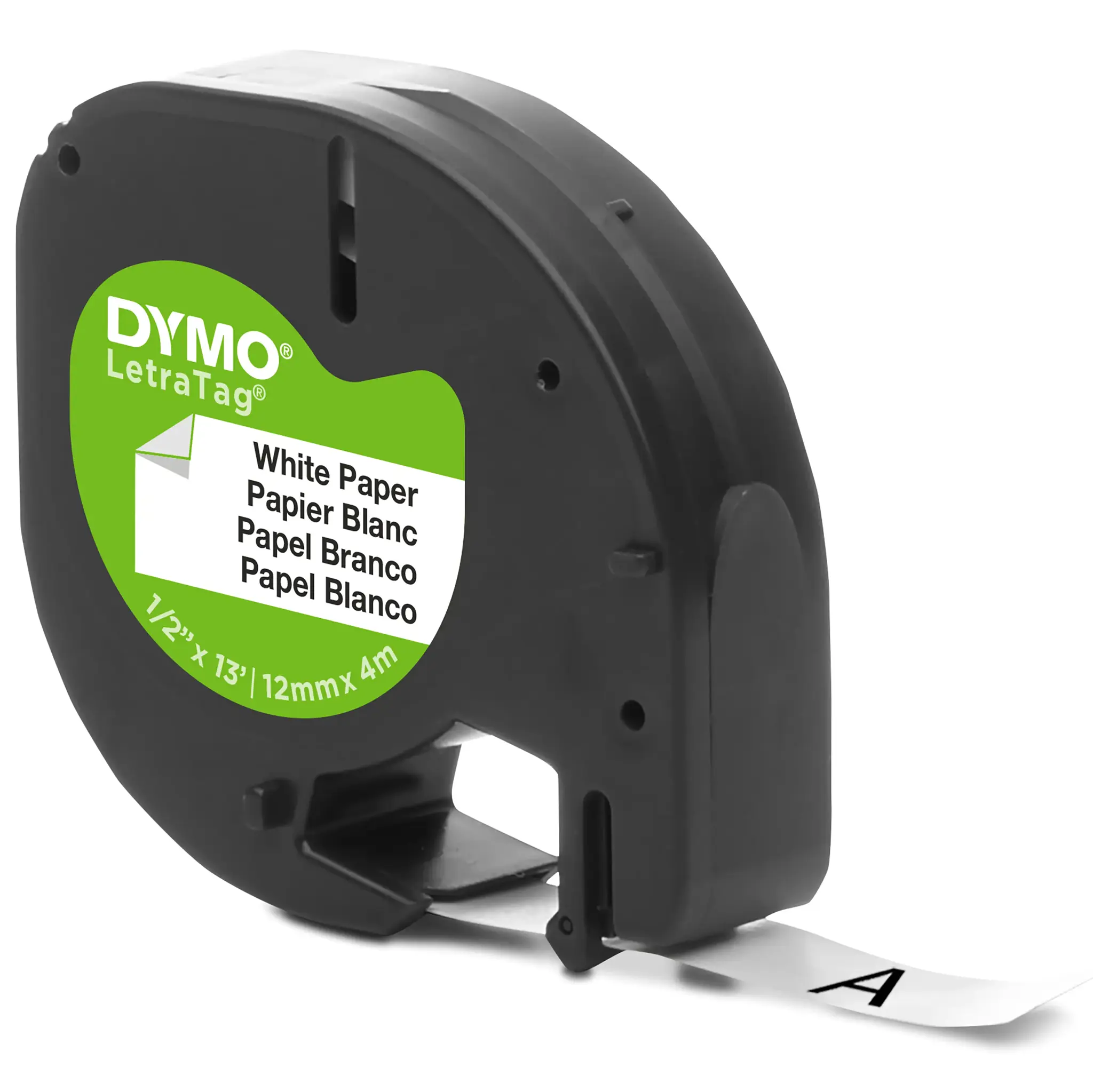 DYMO LetraTag Paper Labels | Authentic | 12 mm x 4 m Roll | Black Print on White | Self-Adhesive Multipurpose Labels for LetraTag Label Makers | Made in Europe, Black on white, Paper, Belgium, DYMO, LetraTag 100T, LetraTag 100H, 1.2 cm