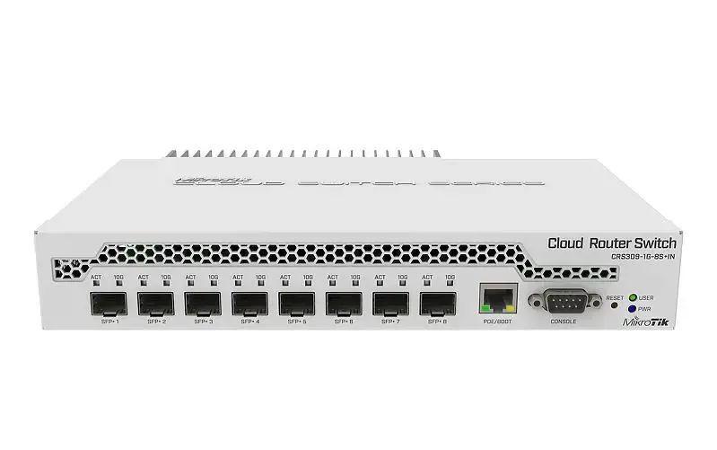 "MikroTik" komutatorius CRS309-1G-8S+IN Valdomas internetu, stalinis, 1 Gbps (RJ-45) prievadų skaičius 1, SFP+ prievadų skaičius 8, dvigubos įkrovos SwitchOS/RouterOS (5 lygis)
