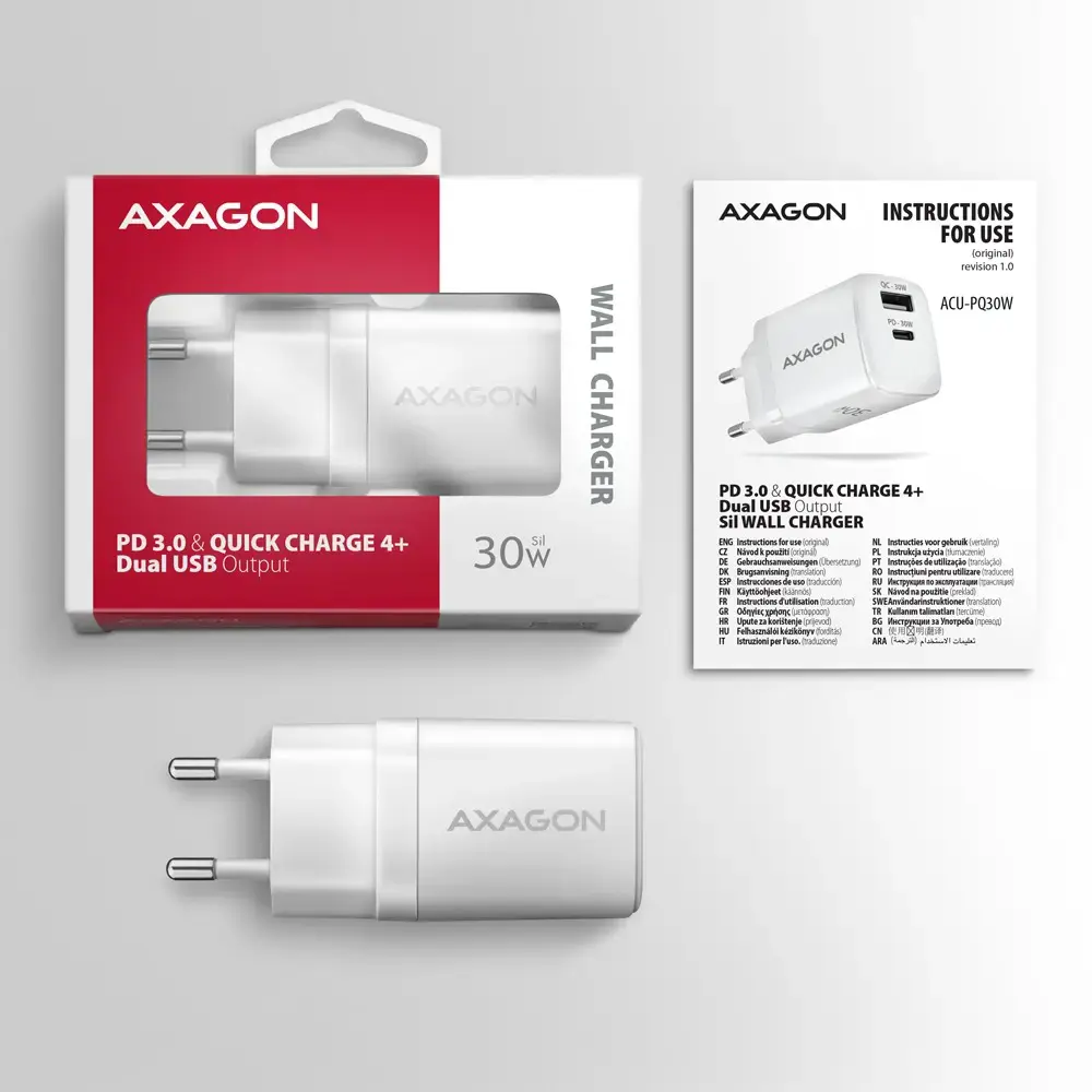 "Axagon Sil" sieninis įkroviklis su 2 prievadais (USB-A + USB-C), PD3.0/QC4+/PPS/AFC/Apple. 30 W bendra galia.