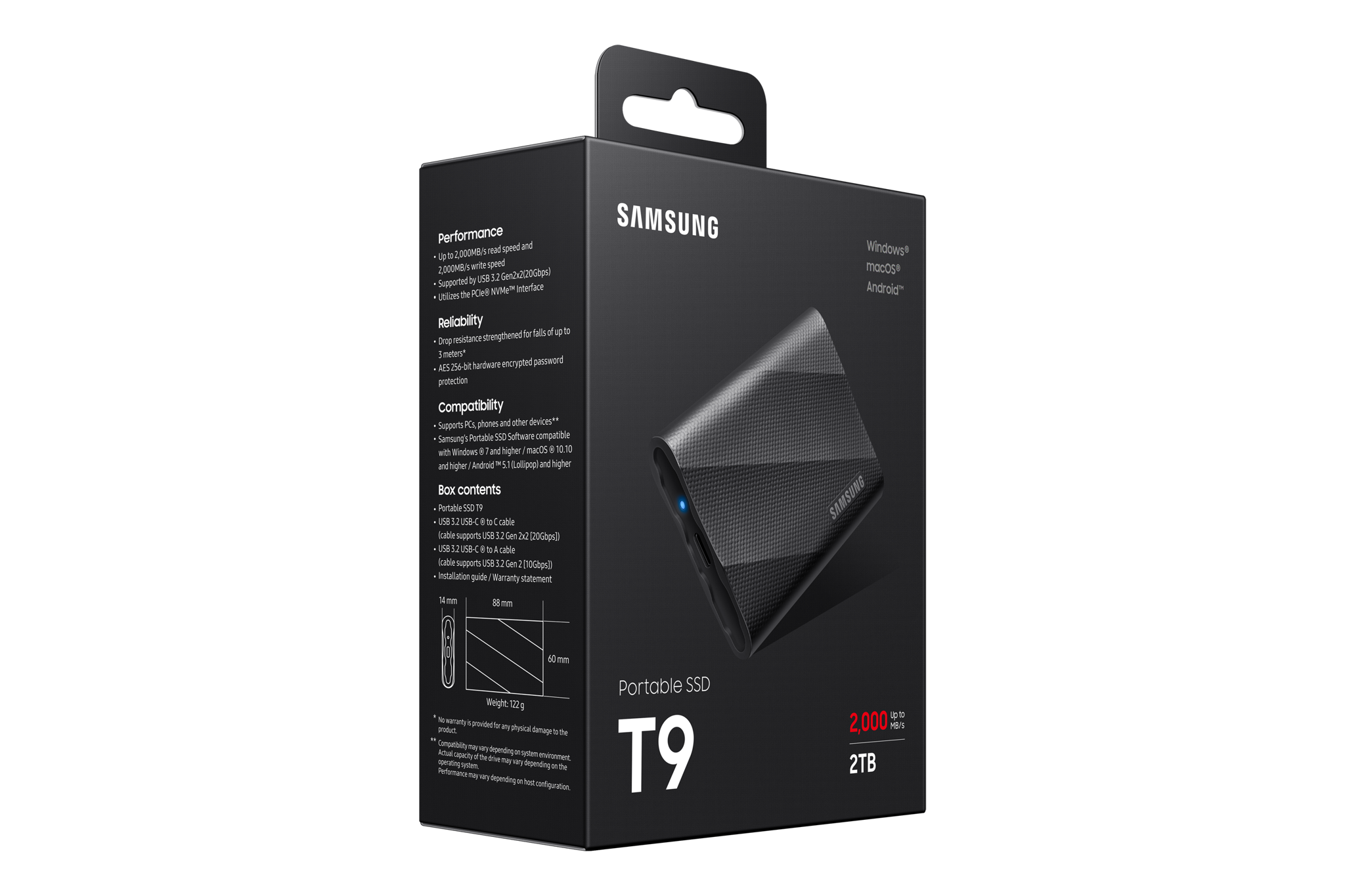 "Samsung" MU-PG2T0B, 2 TB, C tipo USB, 3.2 Gen 2 (3.1 Gen 2), 2000 MB/s, juoda