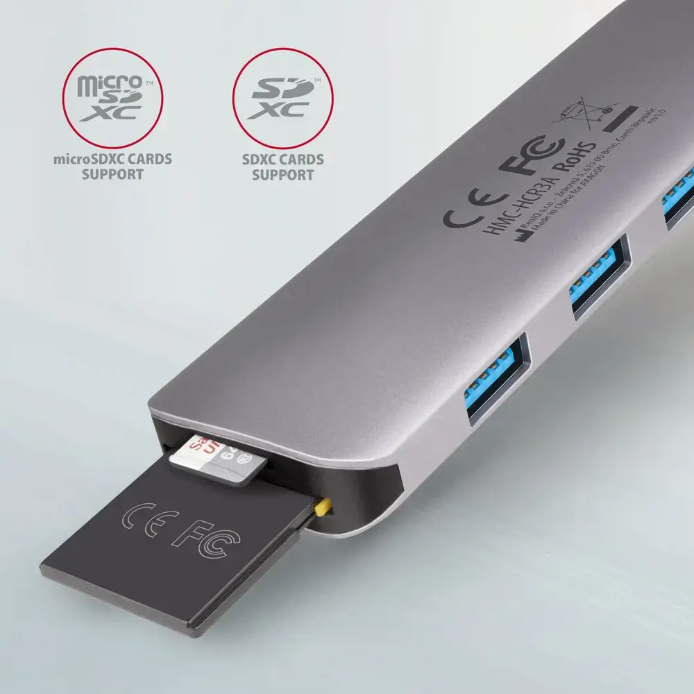 "Axagon" kelių prievadų USB 3.2 Gen 1 šakotuvas. HDMI, kortelių skaitytuvas ir trys USB-A išvestys. USB-C 20 cm ilgio kabelis.