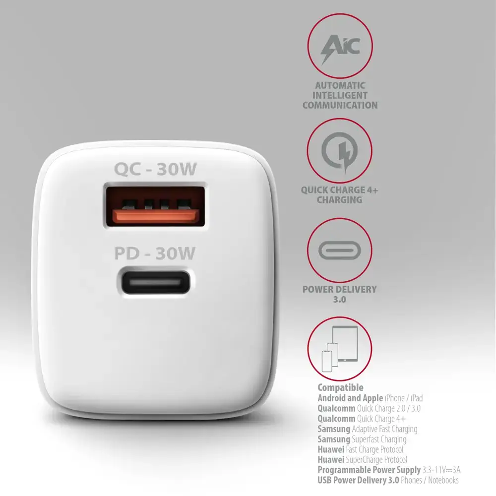 "Axagon Sil" sieninis įkroviklis su 2 prievadais (USB-A + USB-C), PD3.0/QC4+/PPS/AFC/Apple. 30 W bendra galia.