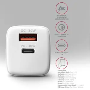 "Axagon Sil" sieninis įkroviklis su 2 prievadais (USB-A + USB-C), PD3.0/QC4+/PPS/AFC/Apple. 30 W bendra galia.