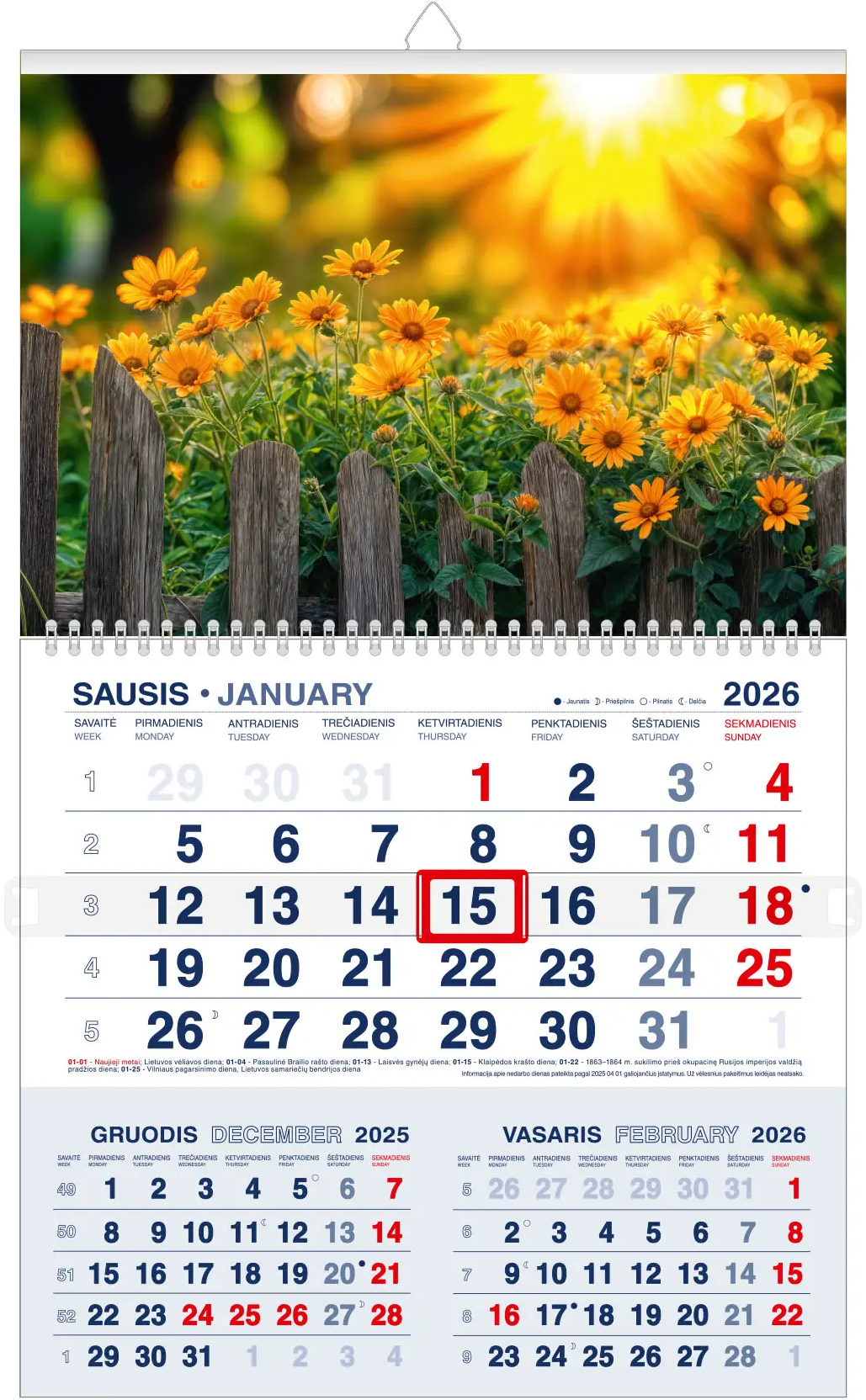 Pakabinamas kalendorius SAULĖS PRISILIETIMAS 2026, trys viename