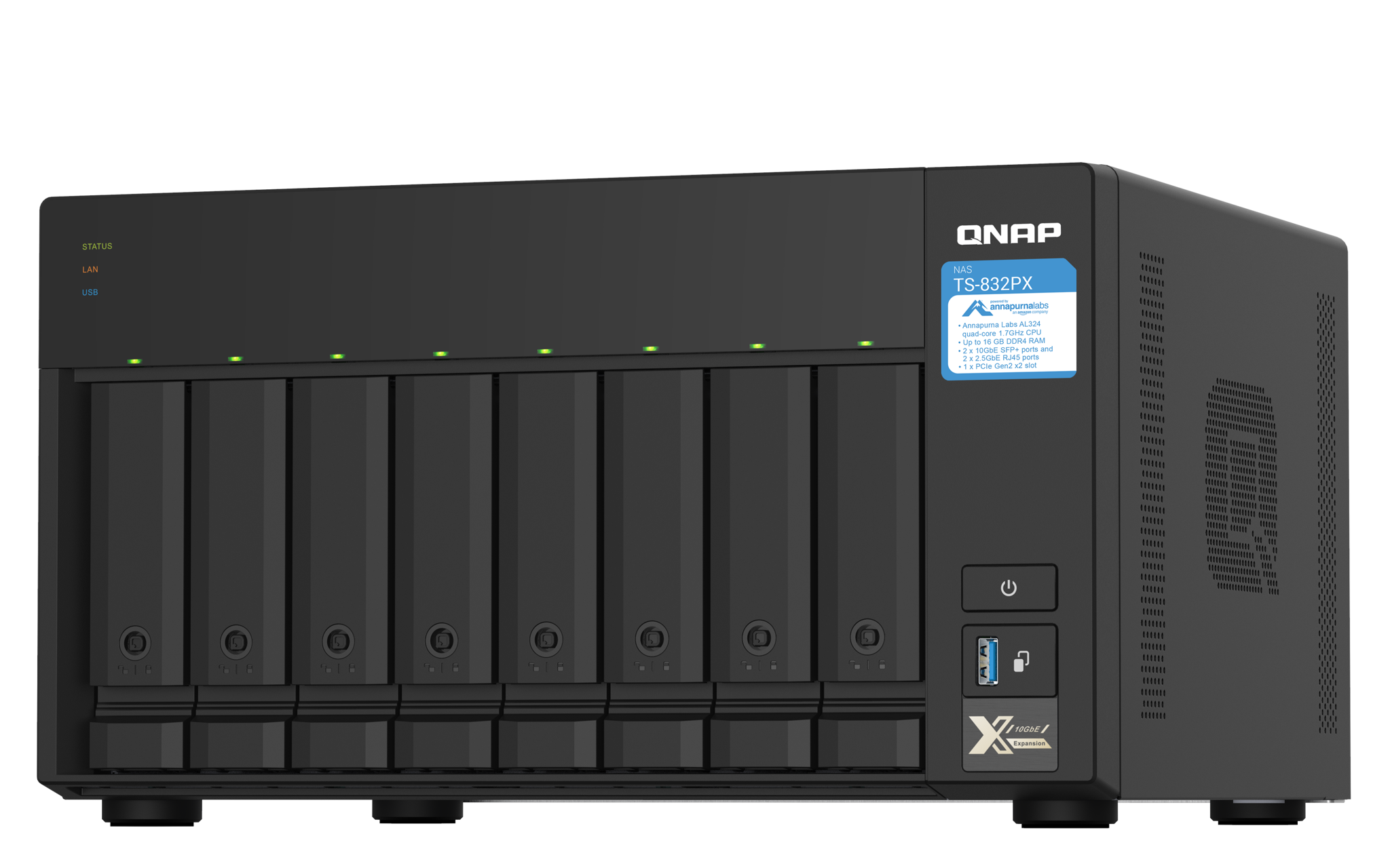 QNAP TS-832PX, NAS, bokštas, "Annapurna Labs", AL324, aliuminis, juodas