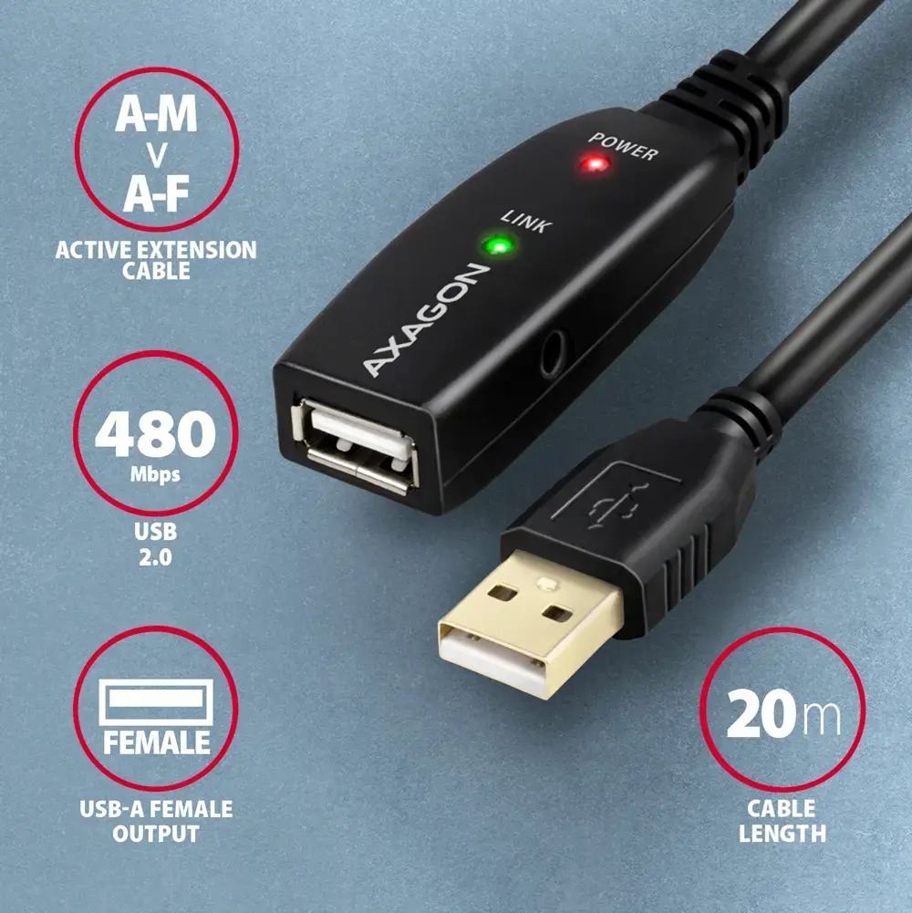 "Axagon ADR-220" aktyvusis ilgintuvas USB 2.0 A-M > A-F kabelis, 20 m ilgio. Maitinimo šaltinio parinktis.