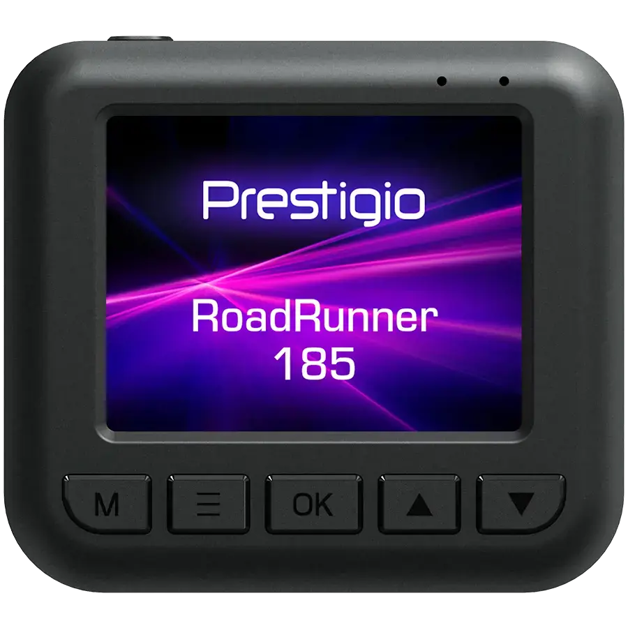Prestigio RoadRunner 185, 2.0'' IPS (320x240) ekranas, FHD 1920x1080@30fps, HD 1280x720@30fps, Jieli AC5601, 2 MP CMOS GC2053 vaizdo jutiklis, 2 MP kamera, 140° matymo kampas, Micro USB, 180 mAh, naktinis matymas, judesio aptikimas, G jutiklis, ciklinis įrašymas, spalvotas/juodas, plastikinis korpusas