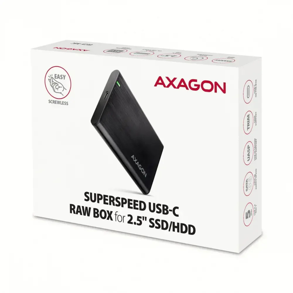 AXAGON EE25-A6C USB-C 3.2 Gen 1 - SATA 6G 2,5" išorinis SCREWLESS ALU RAW langelis BLACK