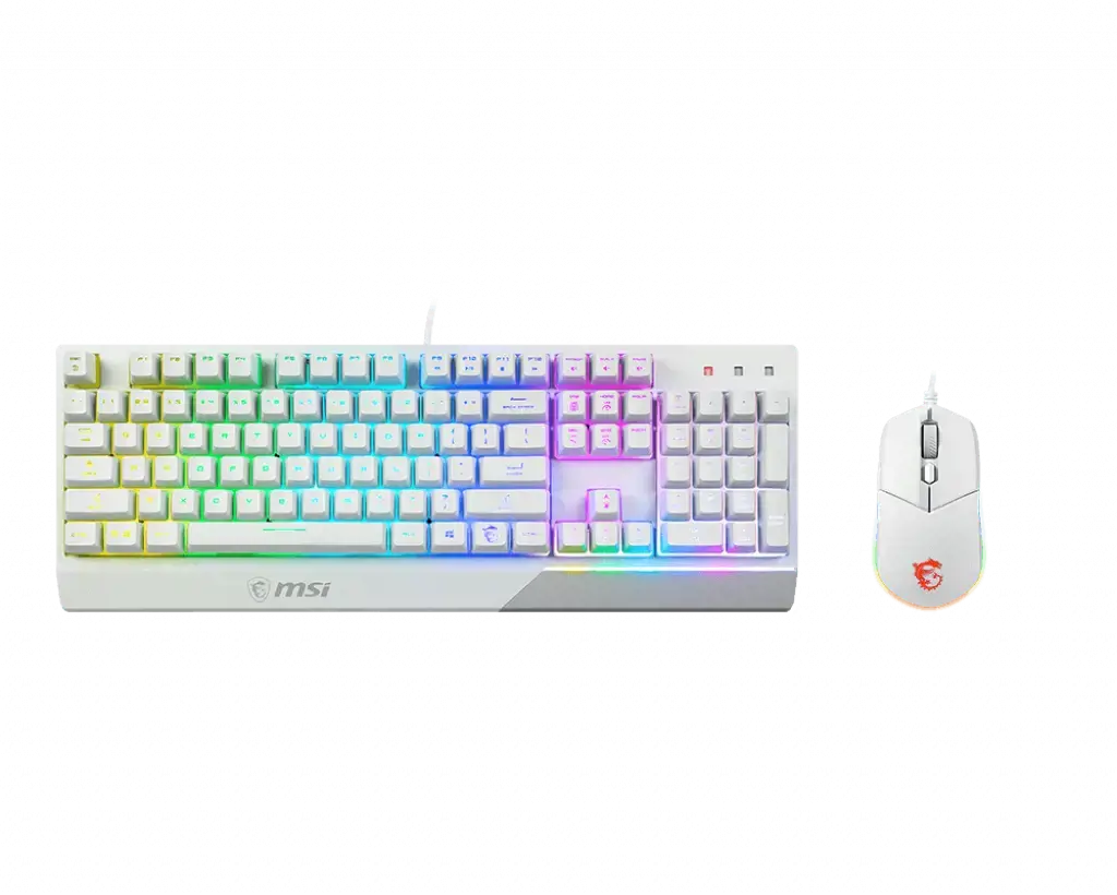 MSI VIGOR GK30 COMBO WHITE MEMchanical Gaming Keyboard + Gaming Mouse Bundle 'UK Layout, 6 zonų RGB apšvietimo klaviatūra, dviejų zonų RGB apšvietimo pelė, 5000 DPI optinis jutiklis, centrinė', USB, mechaninė, QWERTY, RGB LED, balta, pelė pridedama