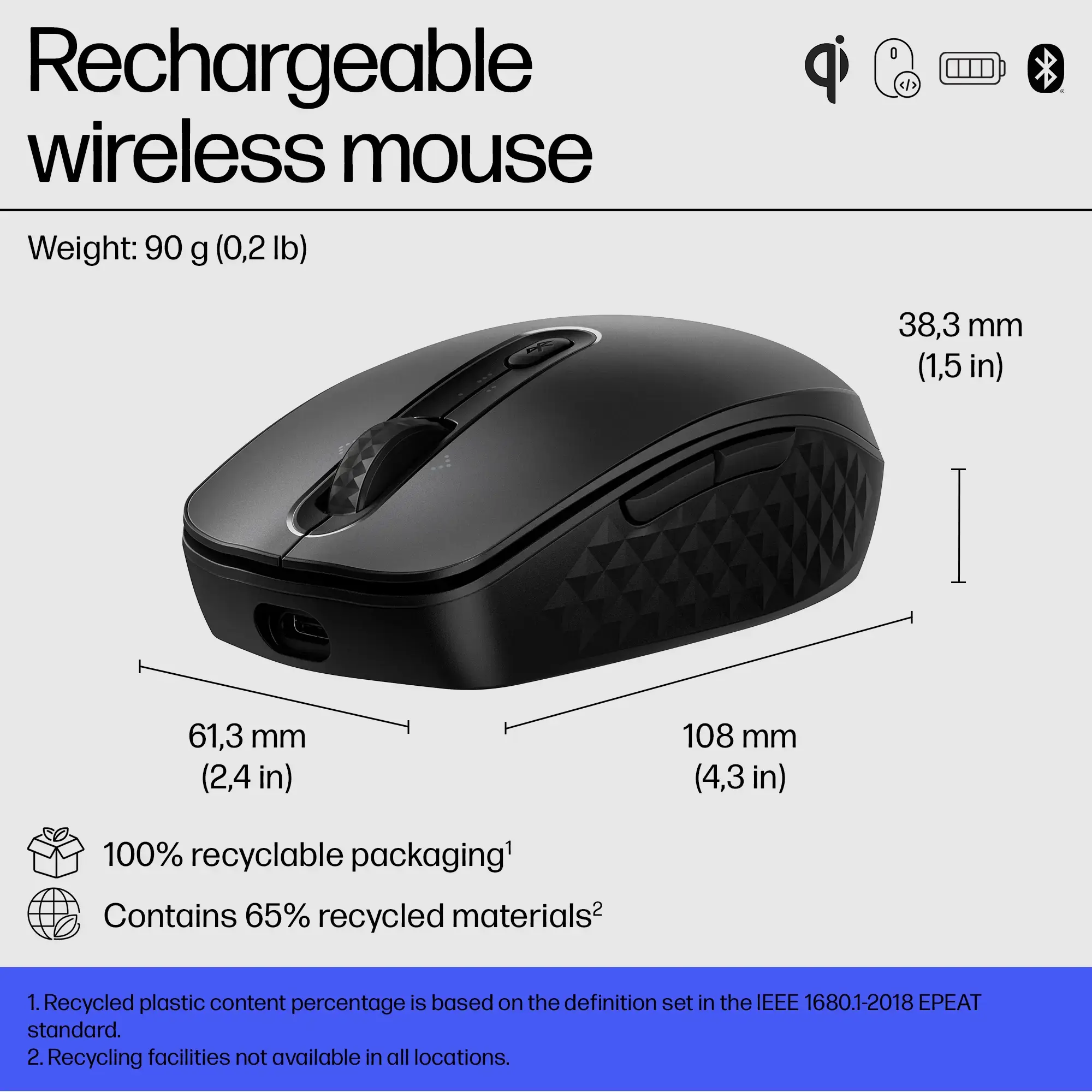 HP 690 Rechargeable Wireless Mouse, Ambidextrous, Bluetooth, 4000 DPI, Black