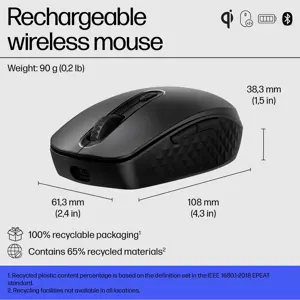HP 690 Rechargeable Wireless Mouse, Ambidextrous, Bluetooth, 4000 DPI, Black