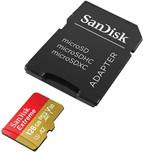 "SanDisk Extreme microSDXC" 128GB + SD adapteris + 1 metų "RescuePRO Deluxe" iki 190MB/s ir 90MB/s skaitymo/rašymo greitis A2 C10 V30 UHS-I U3; EAN:619659188450