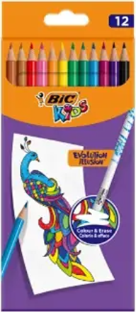 BIC spalvoti pieštukai su trintuku Kids Evolution Illusion, 12 spalvų rinkinys