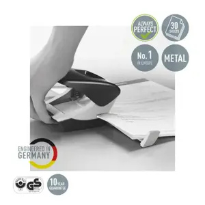 "Leitz NeXXt WOW" metalinė biuro skylmuša, 30 lapų, juoda, balta, metalinė, 3 mm, A4, A5, A6, Folio, JAV, 107 mm
