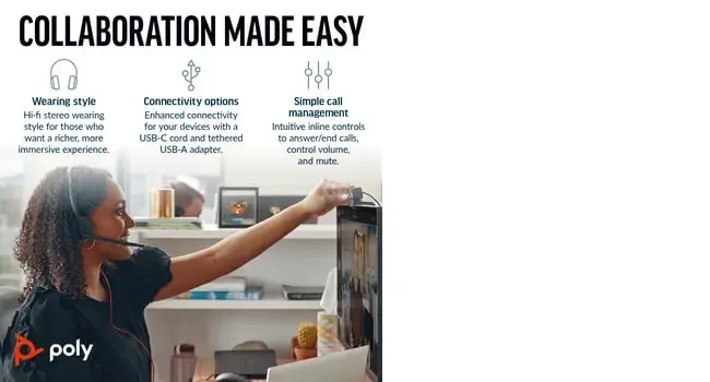 POLY Blackwire 3220 Stereo USB-C Headset +USB-C/A Adapter, Wired, Business/Everyday, 119 g, Headset, Black