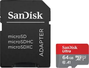 "SanDisk Ultra microSDXC 64GB + SD adapteris 140MB/s A1 10 klasės UHS-I; EAN:619659200541