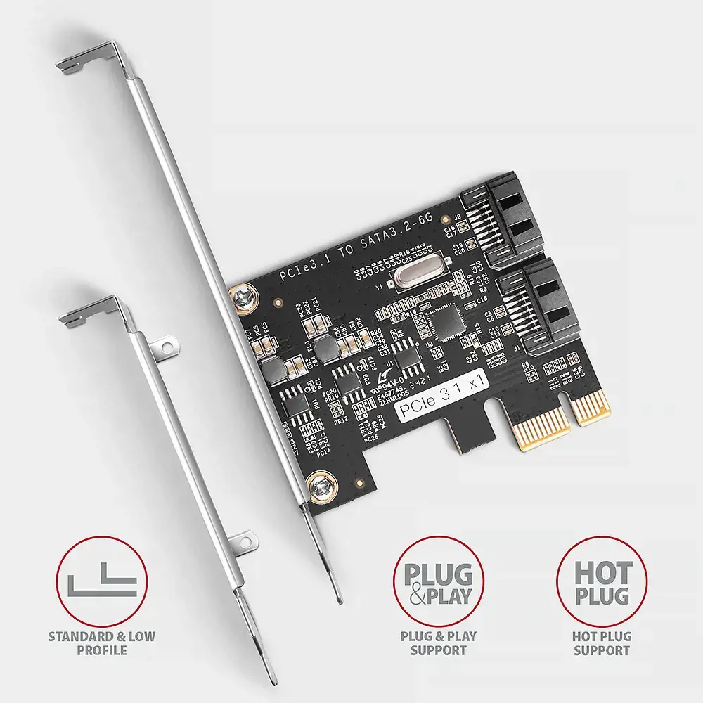 Axagon Two-channel SATA III PCI-Express controller with two internal SATA port outputs. Standard & Low profile.