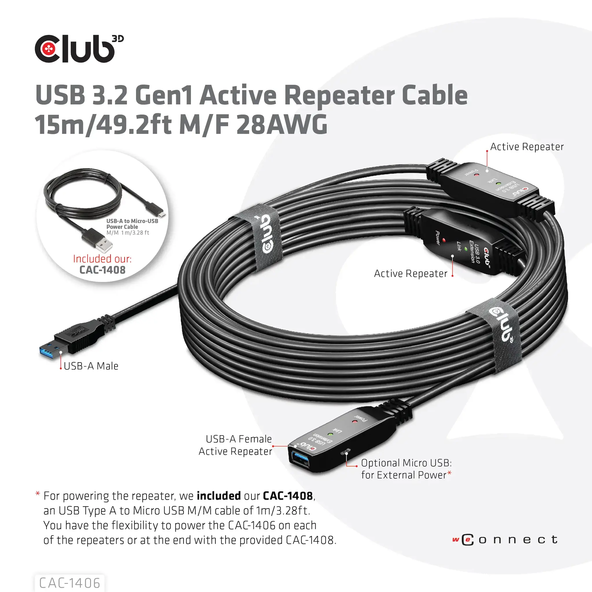 CLUB3D USB 3.2 Gen1 Active Repeater Cable 15m/ 49.2 ft M/F 28AWG, 15 m, USB A, USB A, USB 3.2 Gen 1 (3.1 Gen 1), Black