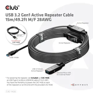 CLUB3D USB 3.2 Gen1 Active Repeater Cable 15m/ 49.2 ft M/F 28AWG, 15 m, USB A, USB A, USB 3.2 Gen 1 (3.1 Gen 1), Black