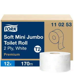 Tualetinis popierius TORK PREMIUM MINI JUMBO T2 110253, 2 sl., 9.7 cm x 170 m, balta sp.