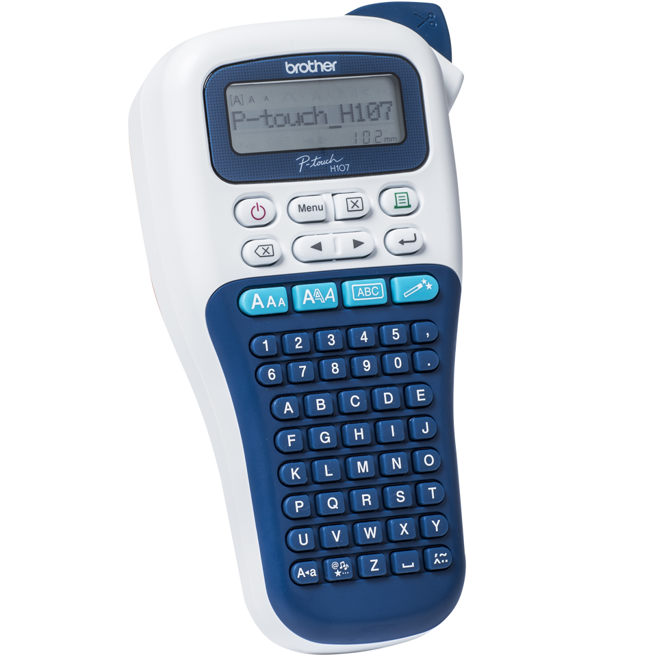 Brother PT-H107B, ABC, TZe, Thermal transfer, 180 x 180 DPI, 20 mm/sec, Blue, White