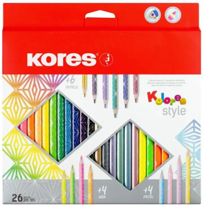 Spalvoti pieštukai KORES KOLORES STYLE, tribriauniai, 3mm, 26 spalvos (6 metalizuotos, 4 pastelinės)