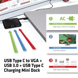 CLUB3D USB Type C to VGA + USB 3.0 + USB Type C Charging Mini Dock, Wired, USB 3.2 Gen 1 (3.1 Gen 1) Type-C, Black, China, Windows 10, Windows 10 Education, Windows 10 Education x64, Windows 10 Enterprise, Windows 10..., RoHS