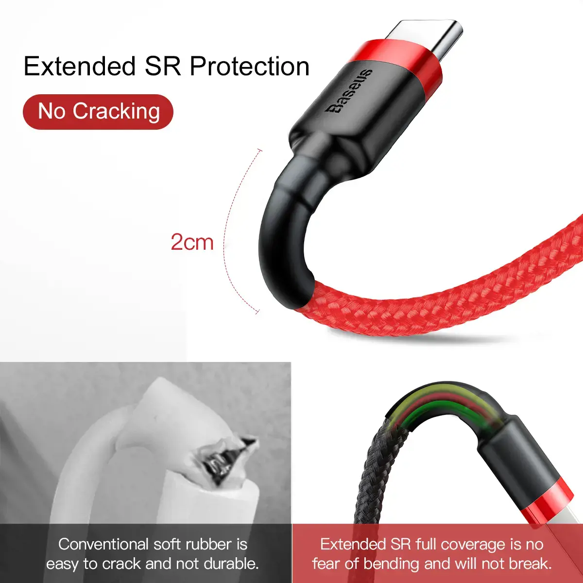 "Baseus Cafule Cable" patvarus nailono kabelis USB / USB-C QC3.0 3A 0.5M Raudona (Raudona)