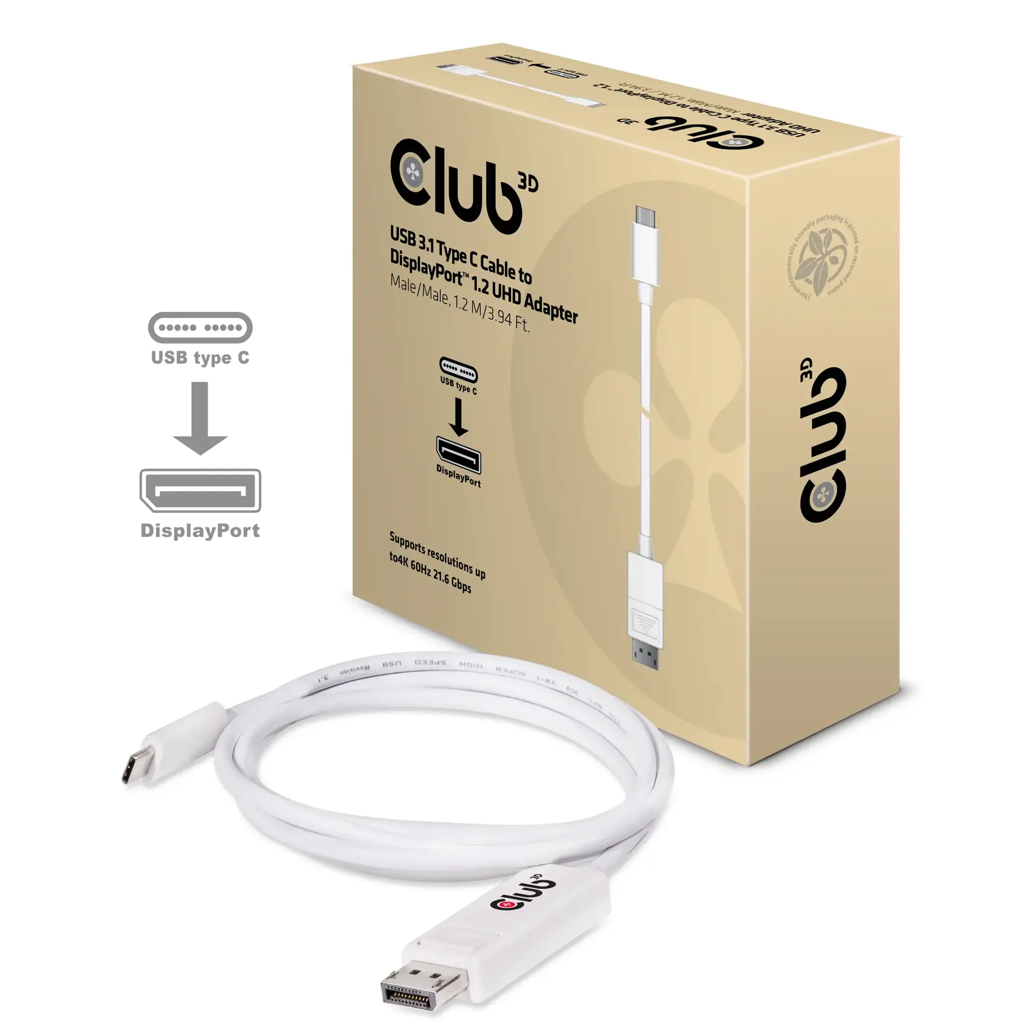 CLUB3D USB 3.1 Type C Cable to DisplayPort 1.2 UHD Adapter, USB Type C, Displayport 1.2, 1.2 m, White