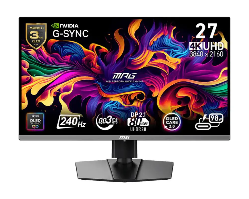 Monitor MSI MPG 272URX QD-OLED 27" Gaming/4K Matte Panel QD-OLED 3840x2160 16:9 240 ?? 0.03 ms Swivel Pivot Height adjustable Tilt Colour Black MPG272URXQD-OLED