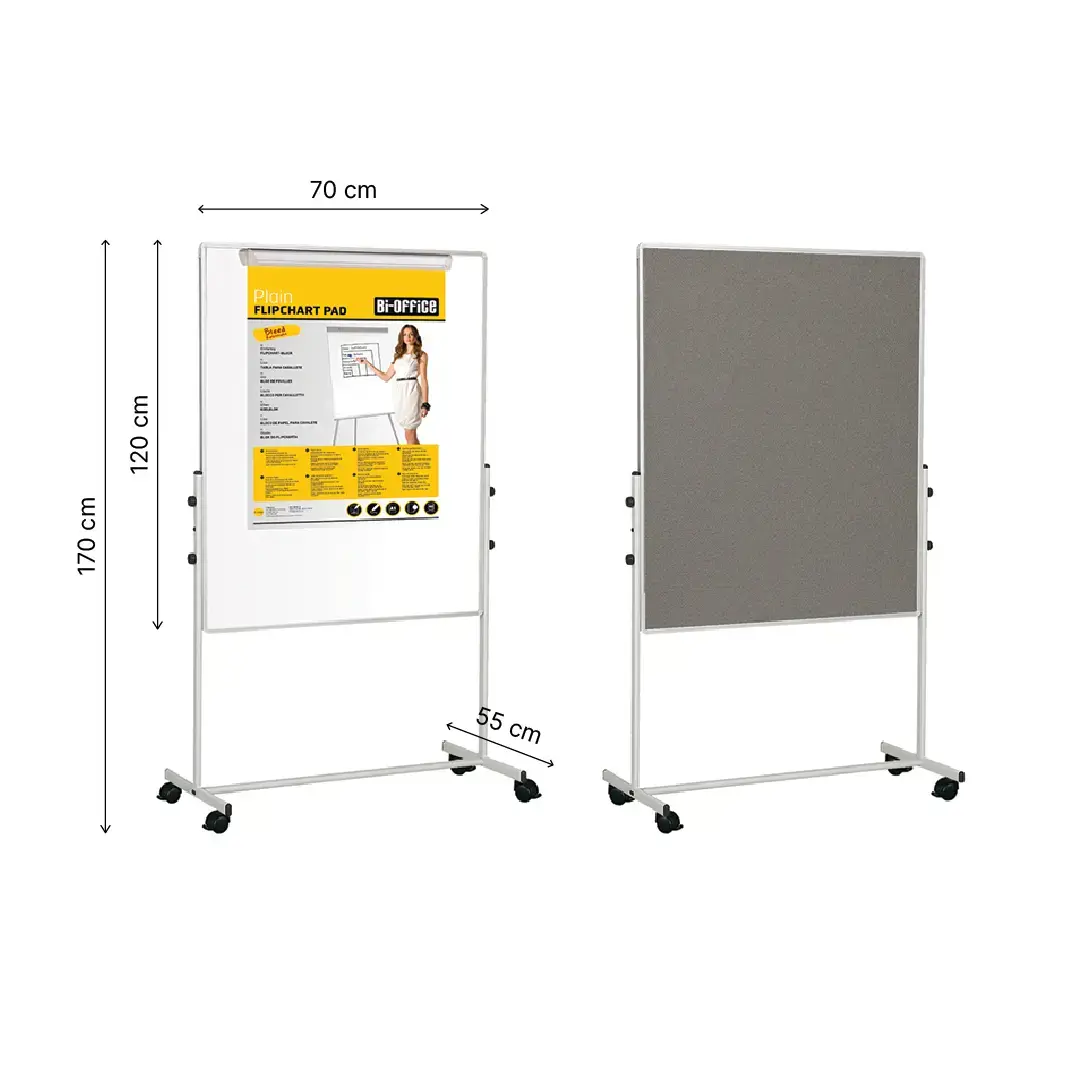 Mobilioji dvipusė lenta BI-OFFICE 70x120, baltoji magnetinė ir pilko veltinio, aliuminio rėmas