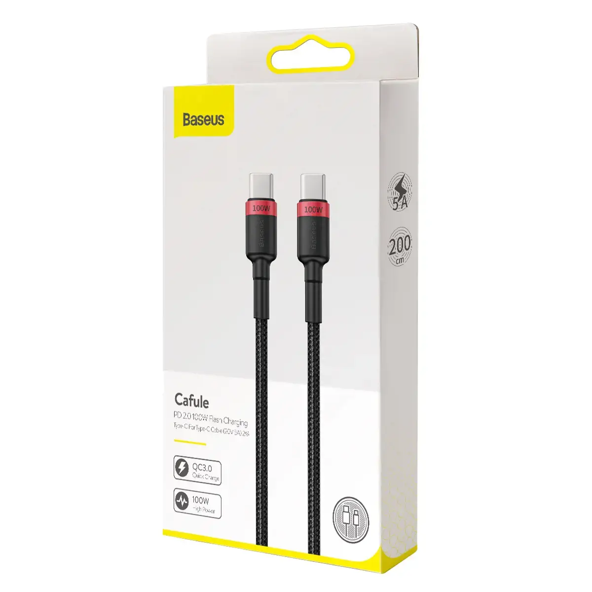 "Baseus Cafule PD2.0" 100 W greitasis įkrovimas USB C tipo kabeliui (20 V 5 A) 2 m raudona+juoda