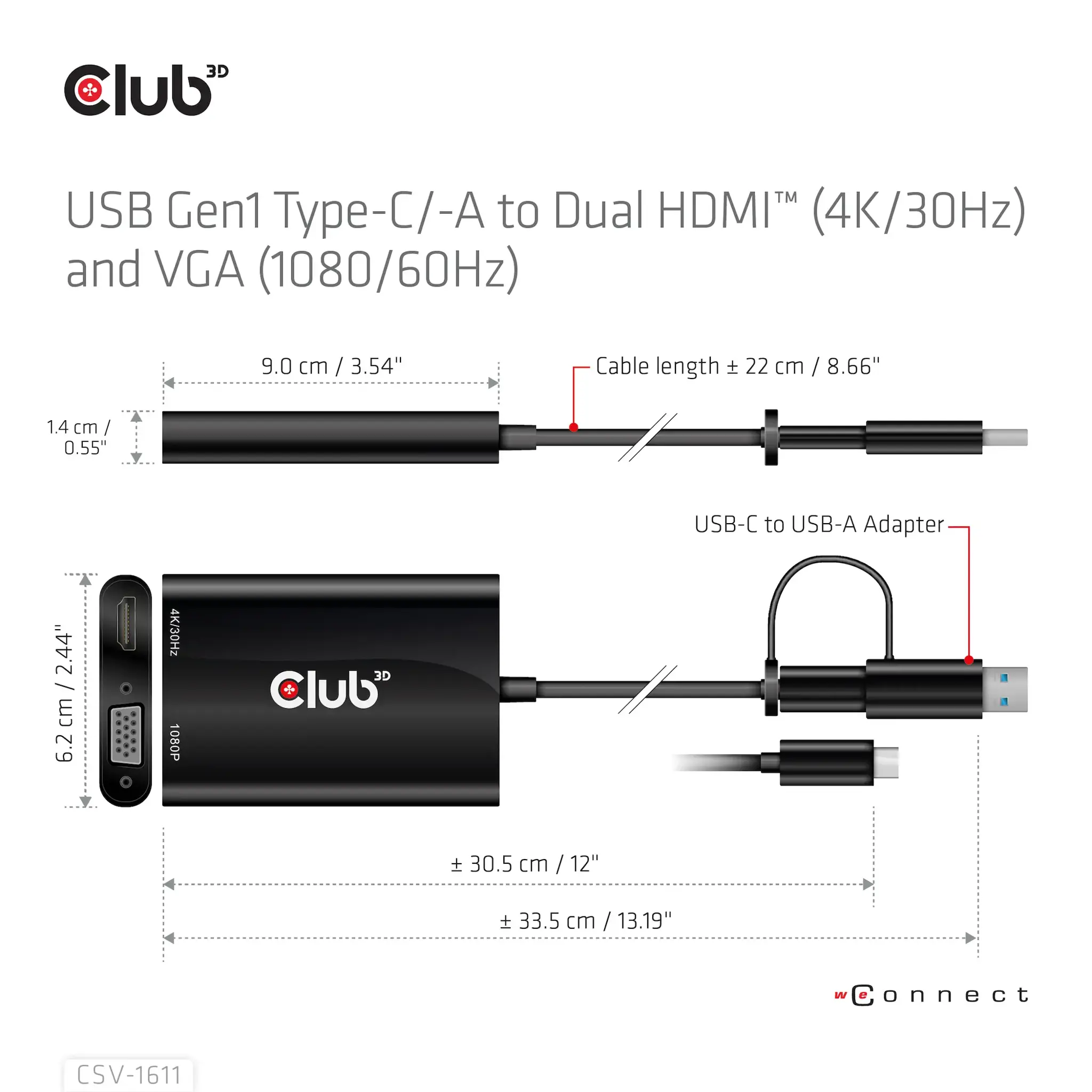CLUB3D USB Gen1 Type-C/-A to Dual HDMI (4K/30Hz) / VGA (1080/60Hz), 0.22 m, USB Type-C, HDMI + VGA (D-Sub), Male, Female, Straight