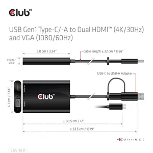 CLUB3D USB Gen1 Type-C/-A to Dual HDMI (4K/30Hz) / VGA (1080/60Hz), 0.22 m, USB Type-C, HDMI + VGA (D-Sub), Male, Female, Straight